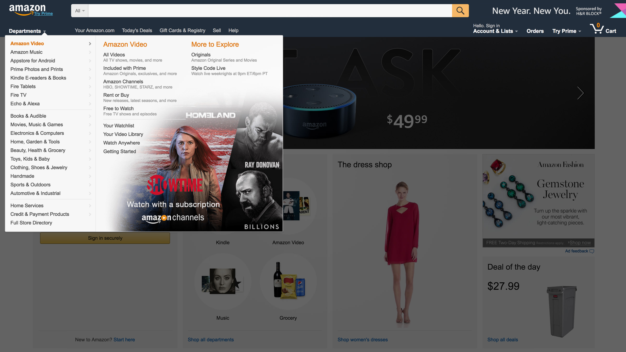 Navigation menu hierarchy on Amazon.com.