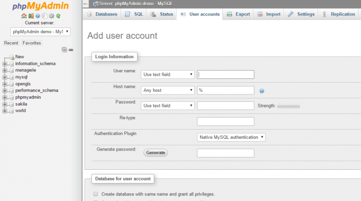 Adding a user via phpMyAdmin.