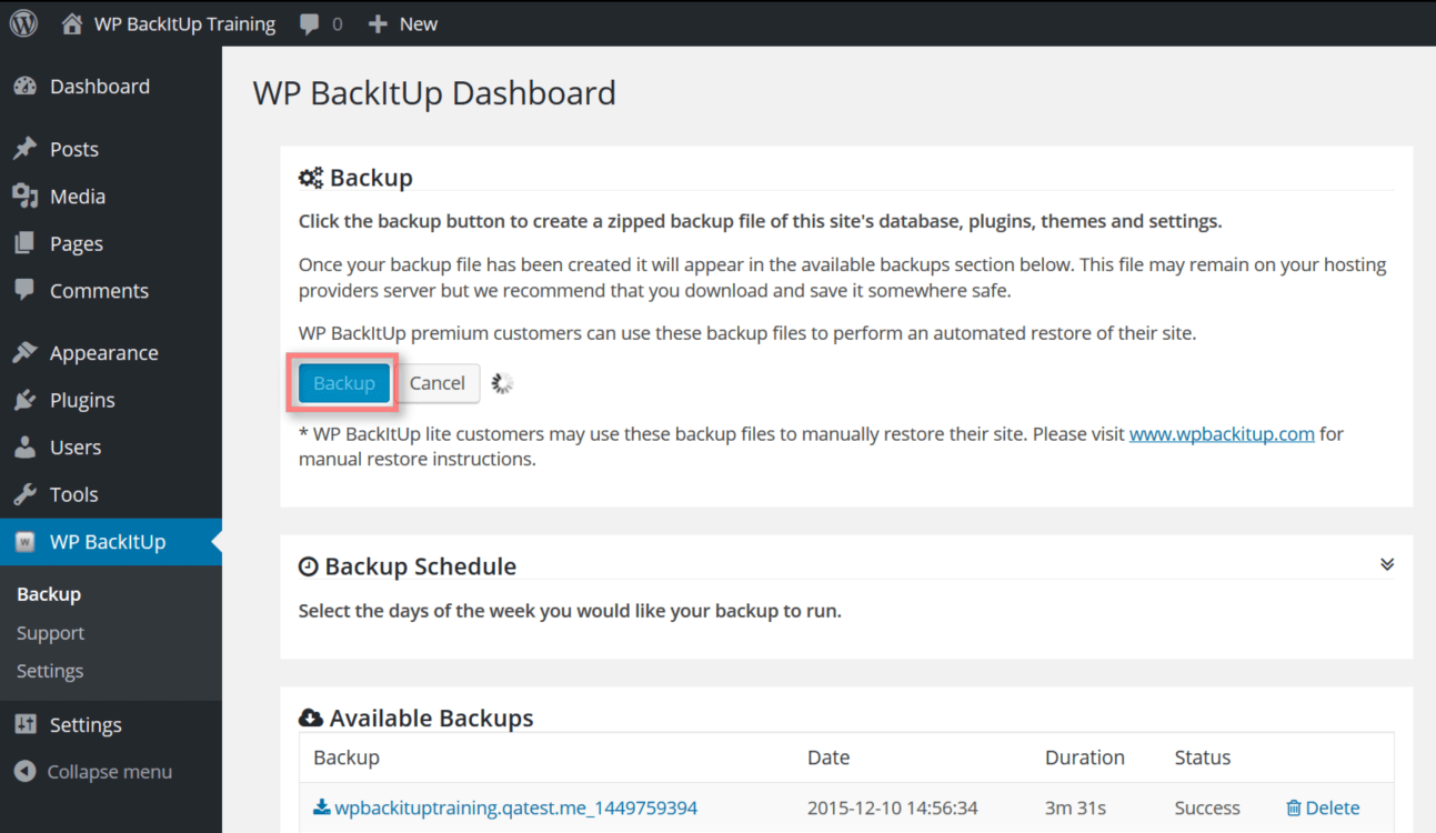 The WP BackItUp dashboard.