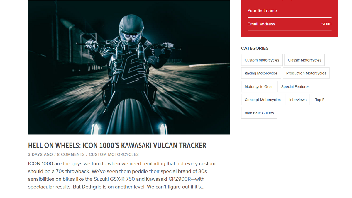 Blog categories on a motorcycle website