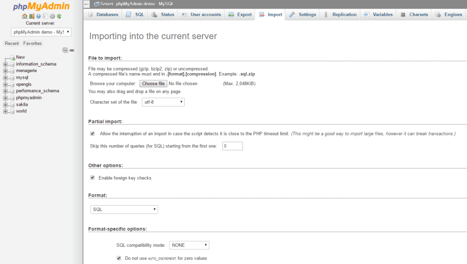 phpMyAdmin's import tab.