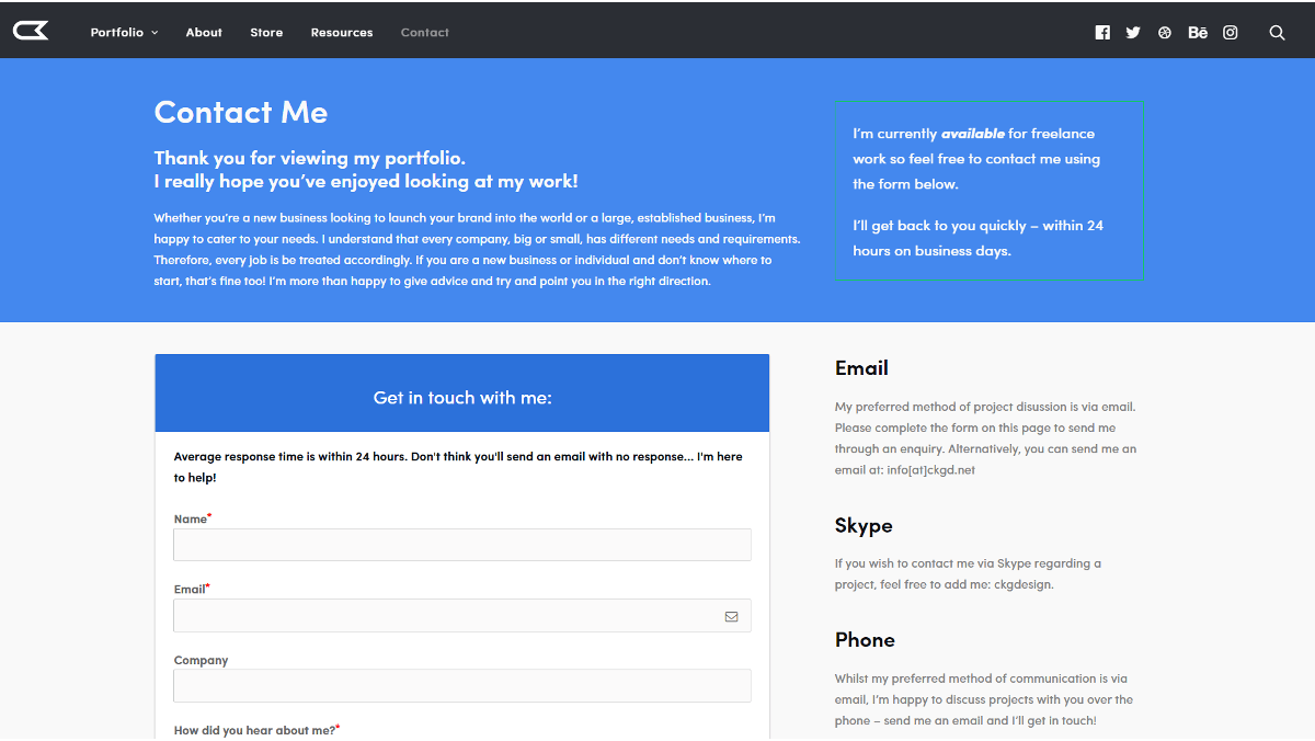 A portfolio site's contact page.