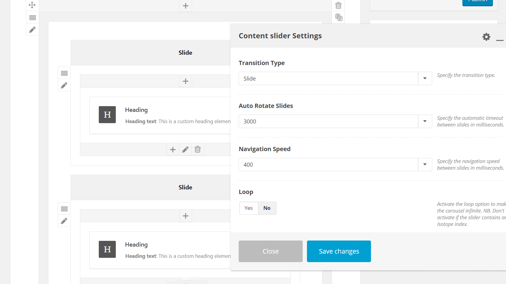 The Content Slider Settings menu.