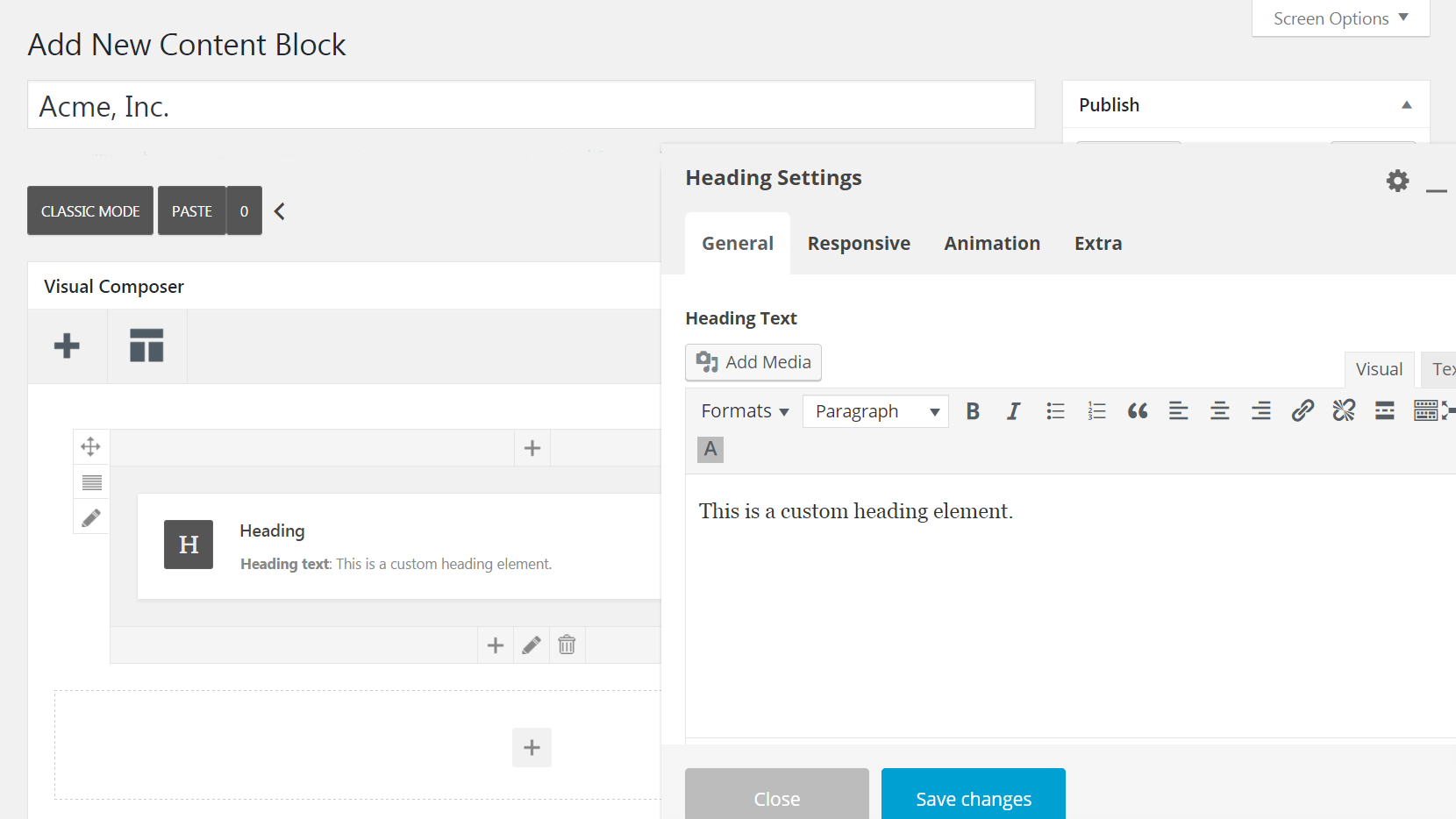 The Heading Settings menu.