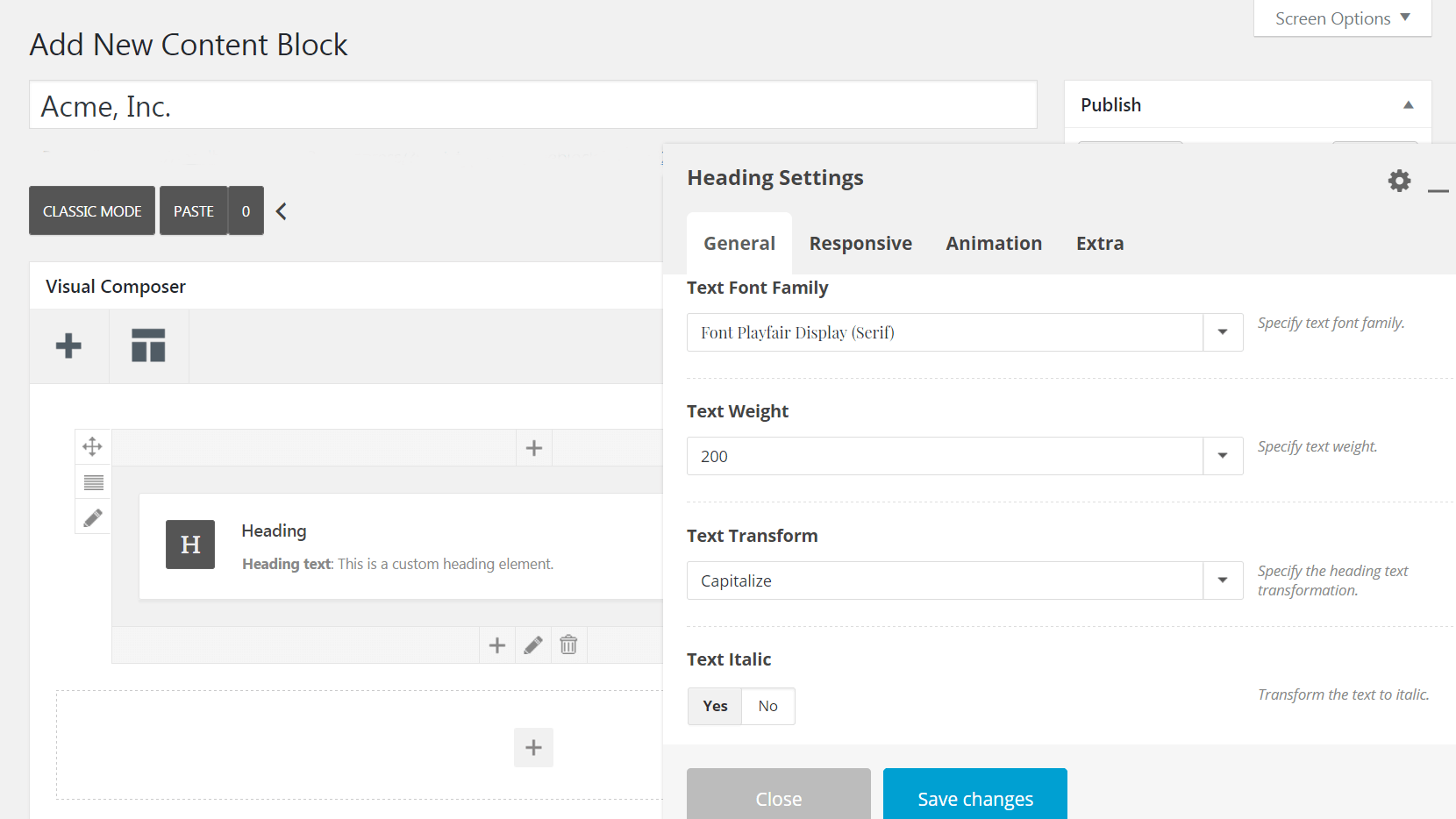 The General tab in the Heading Settings menu.