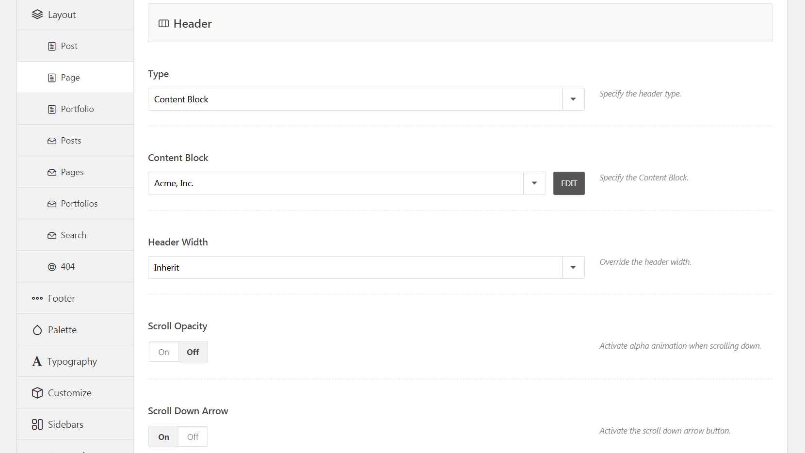 The Theme Options settings for headers.