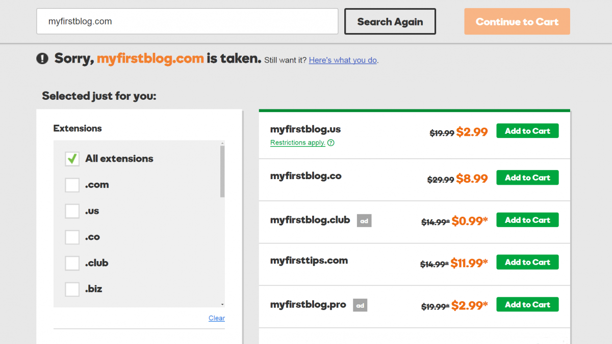 A domain name search on GoDaddy.