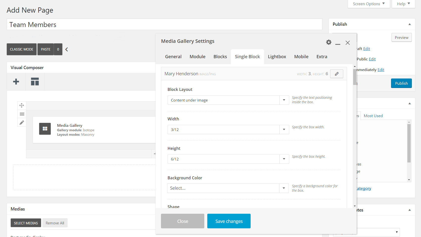 The Media Gallery Settings Single Block tab.