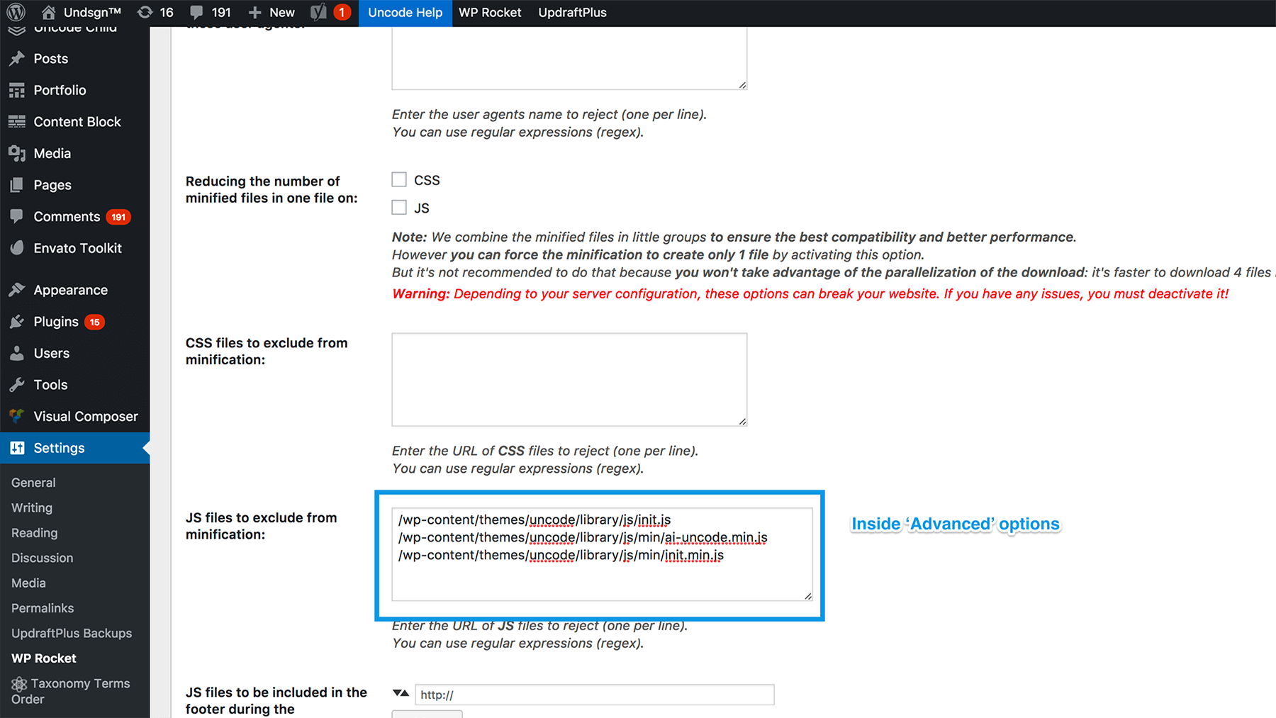 Configuring WP Rocket's settings.