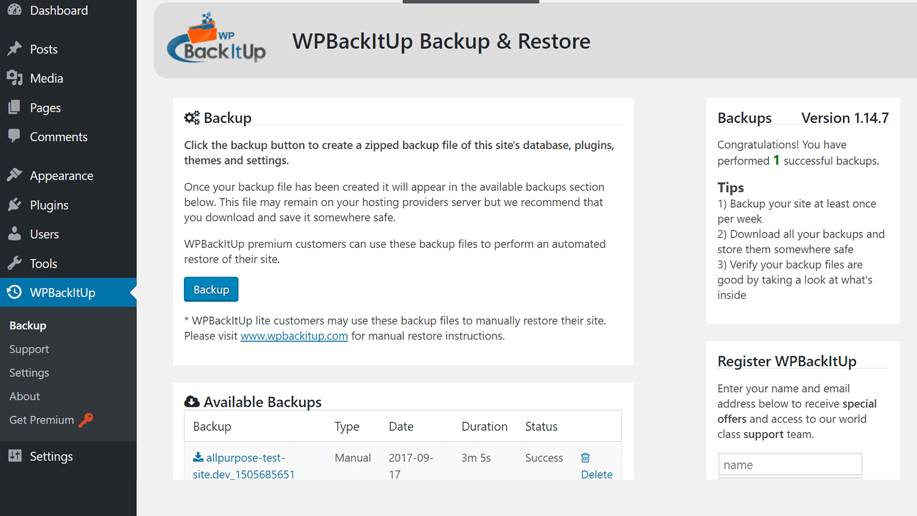 The new Backup tab in your dashboard.