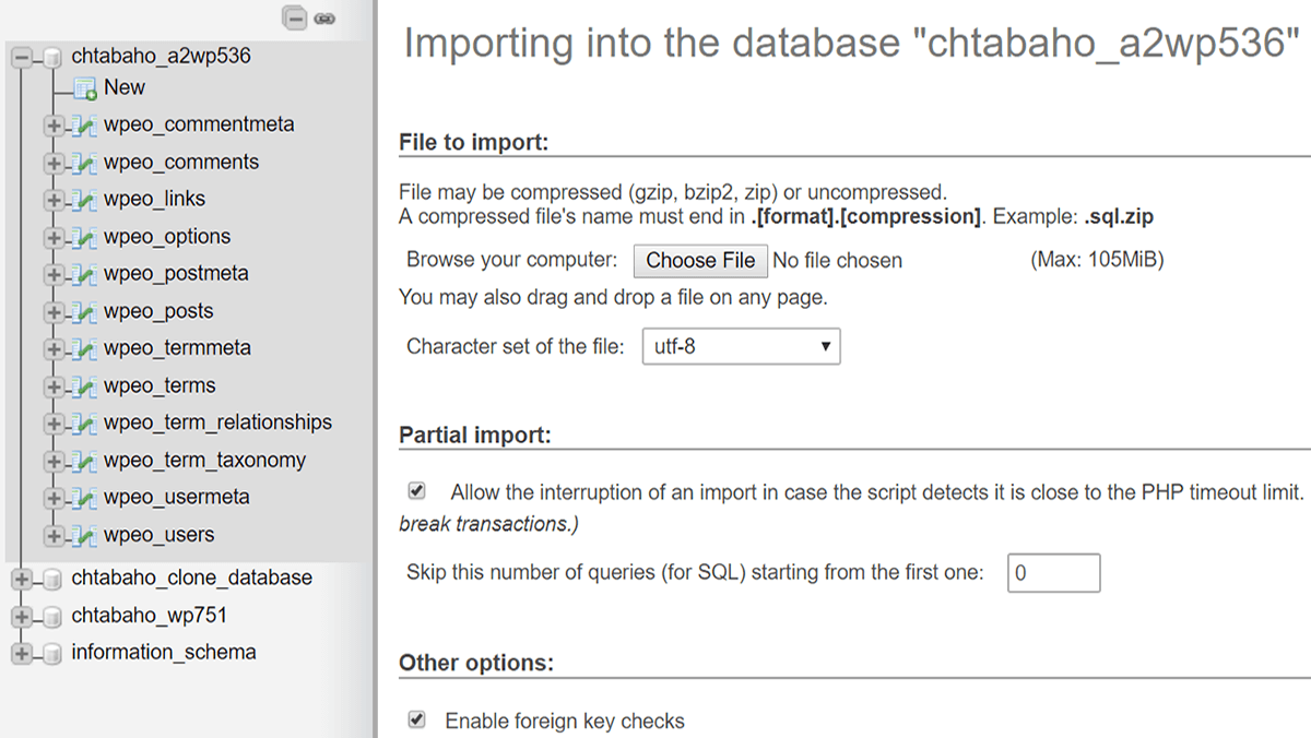 Importing your database via PhpMyAdmin.