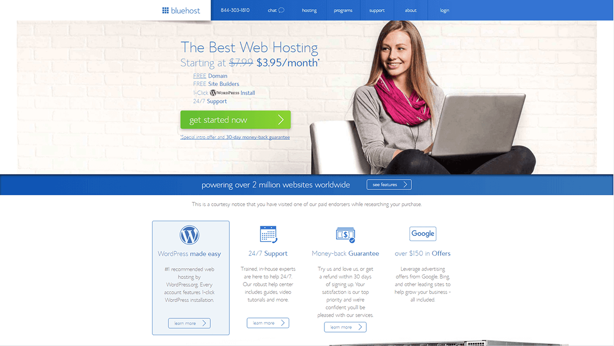 The BlueHost homepage.