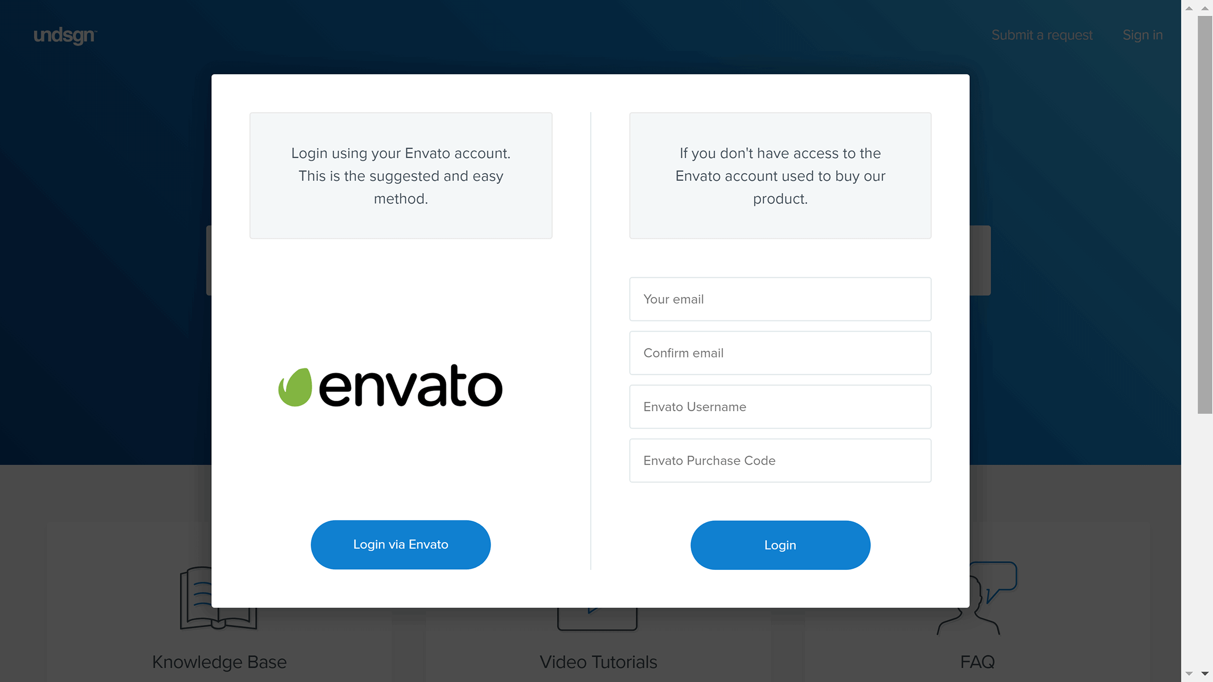 Logging in using your Envato credentials.