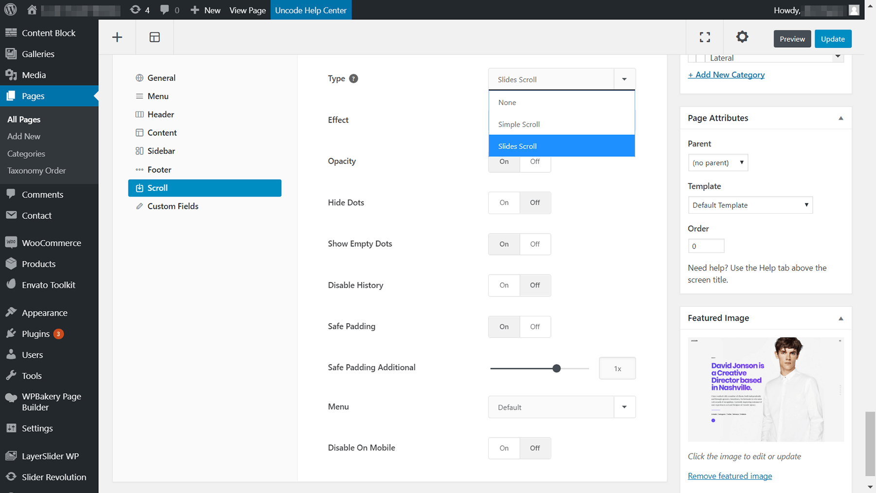 Choosing which type of scrolling effect to use on your new page.