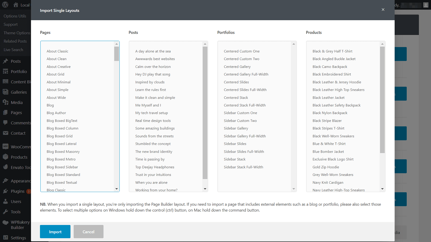 Choosing which demo to import.