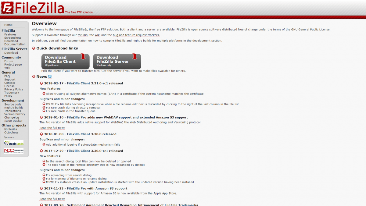 The Filezilla home page.