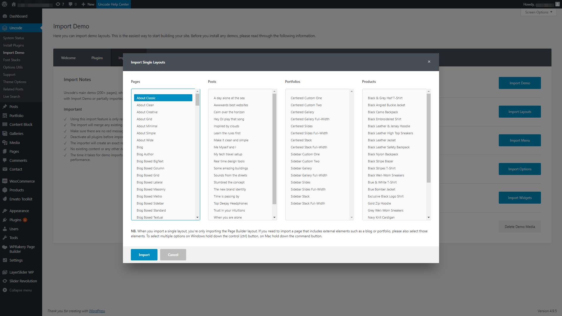 Choosing which layout to import.