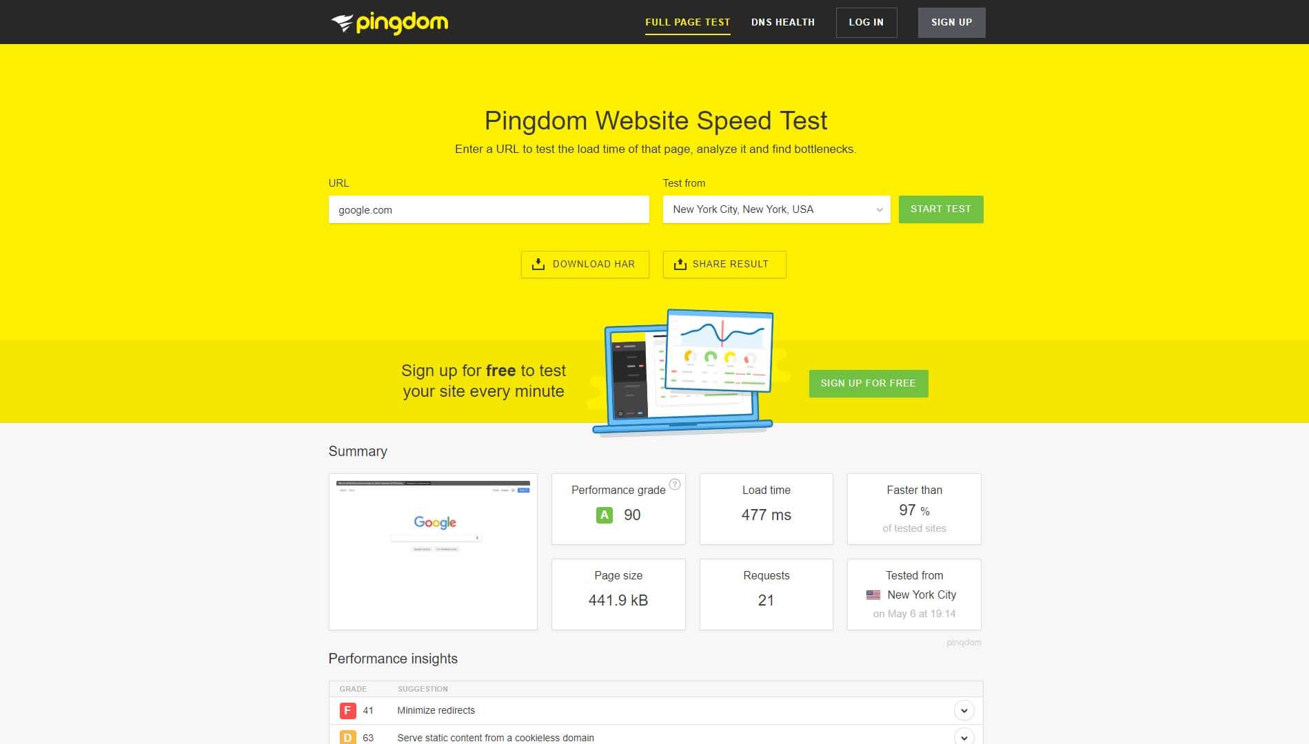 Checking a Pingdom Tools results page.