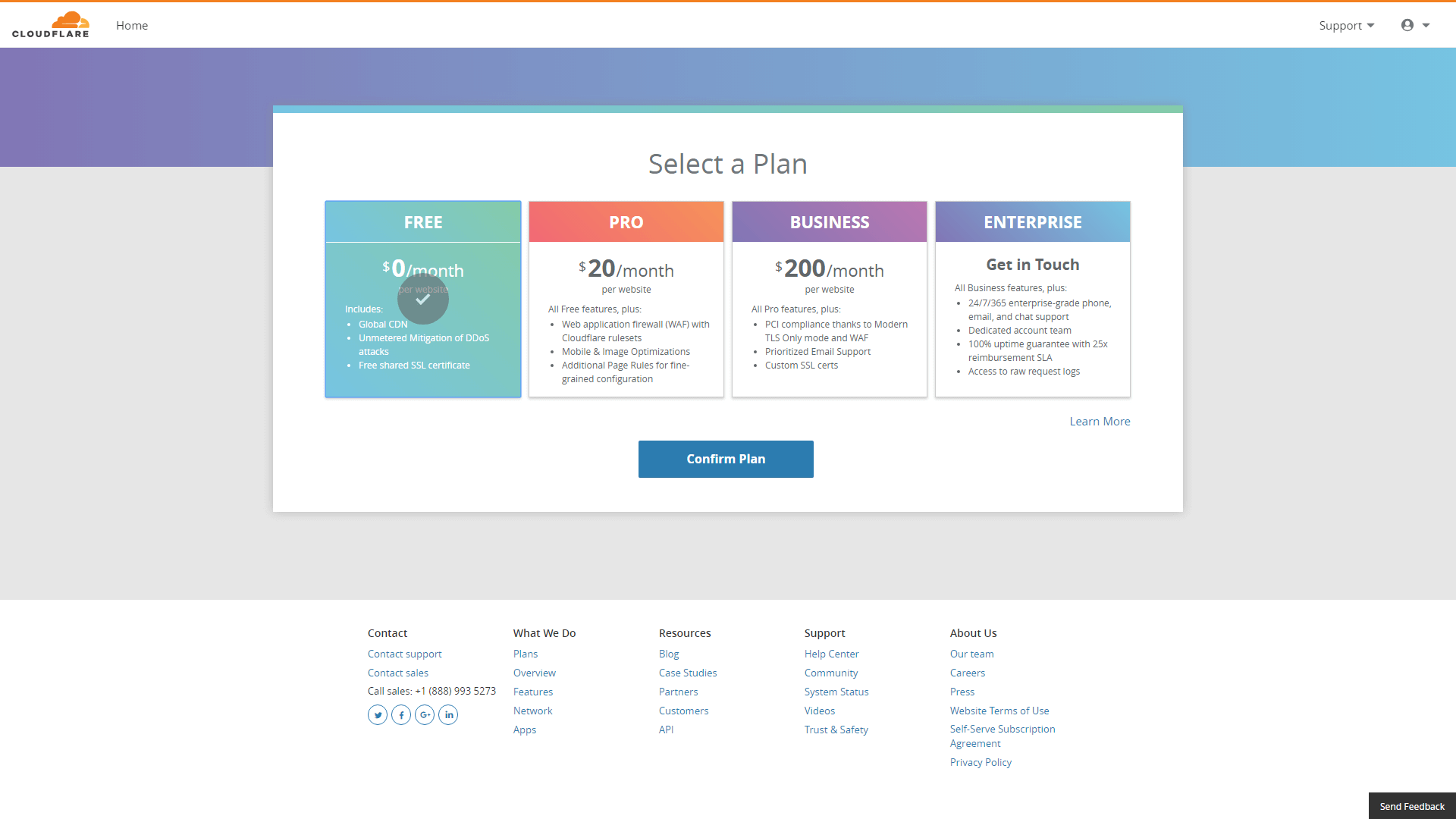 Choosing which Cloudflare plan to use.