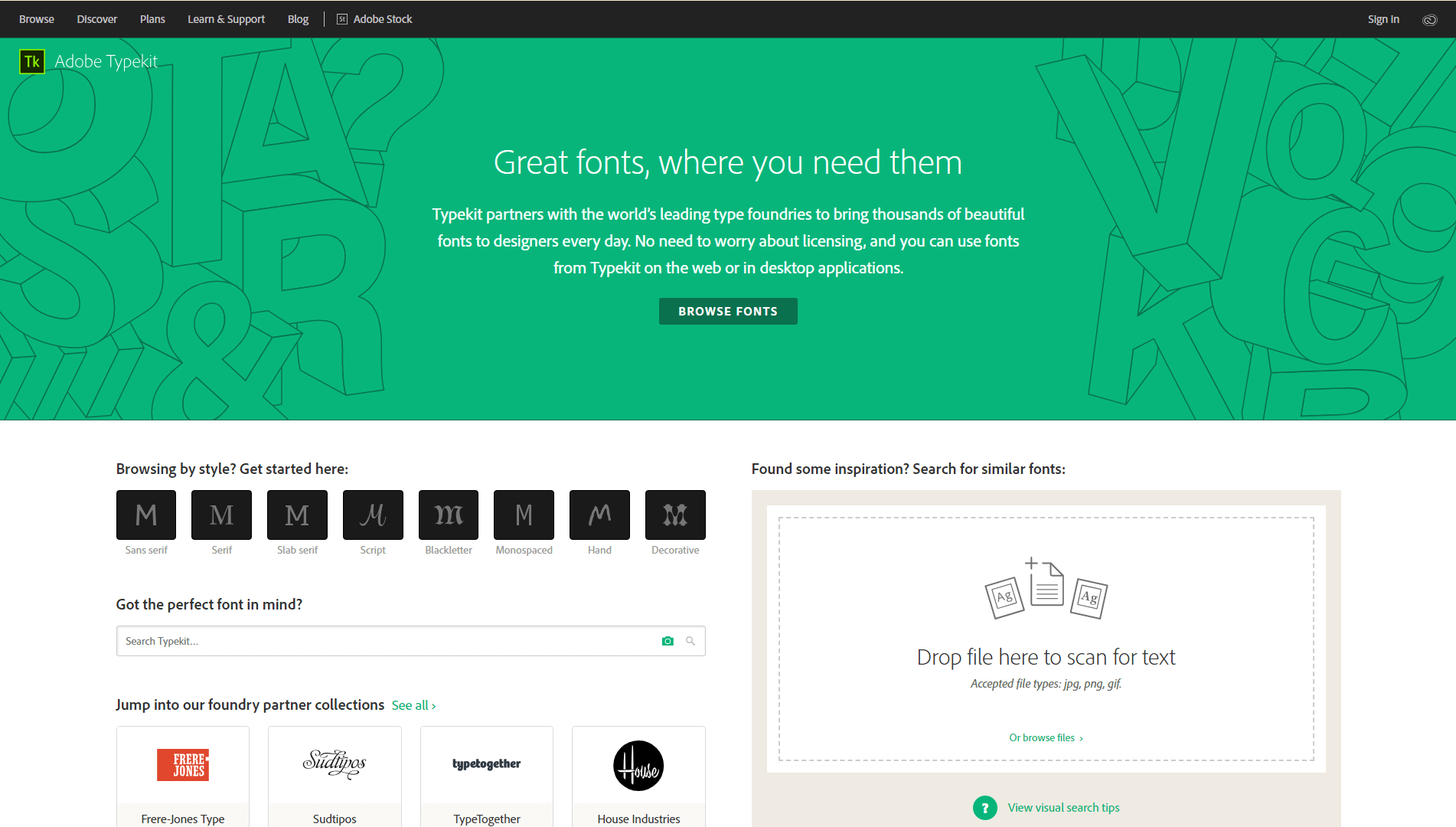 The Adobe Typekit homepage.