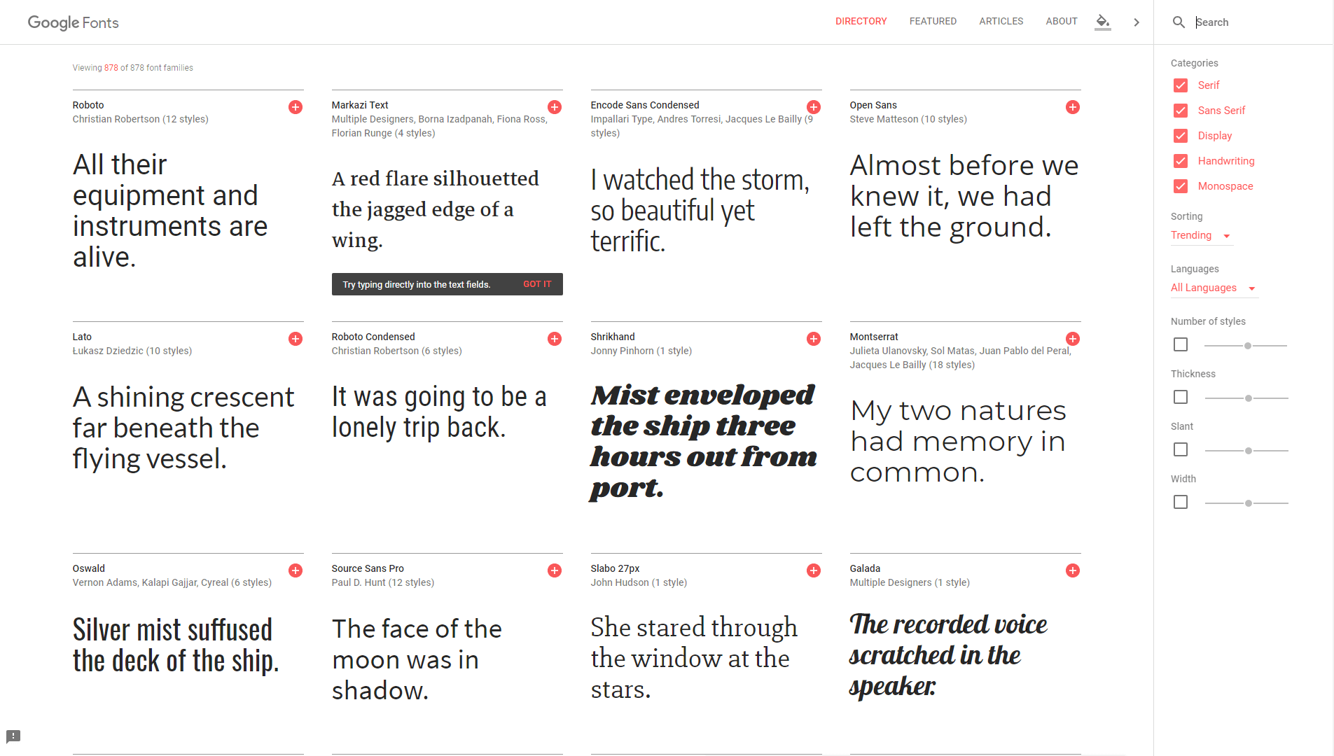 The Google Fonts homepage.