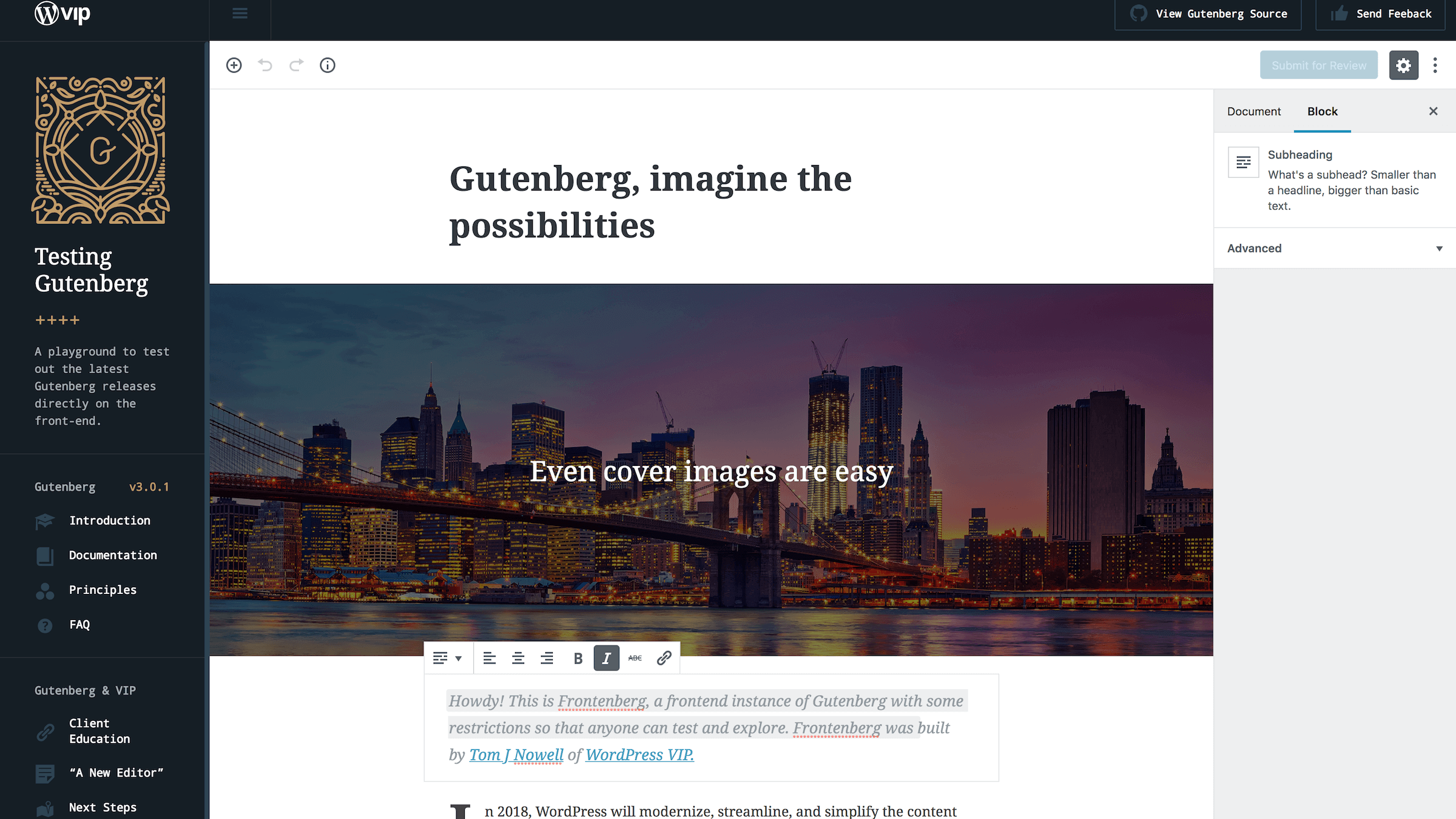 The Gutenberg demo page.