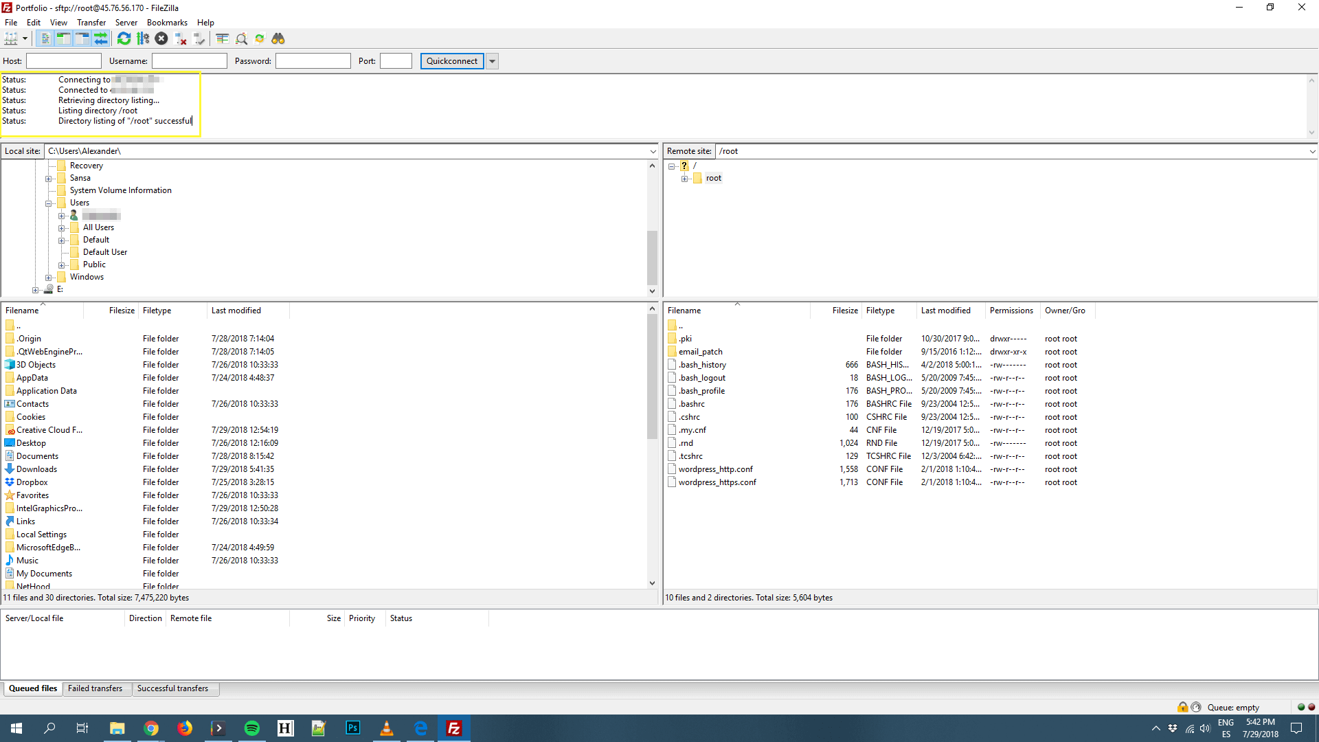 The FileZilla connection log.