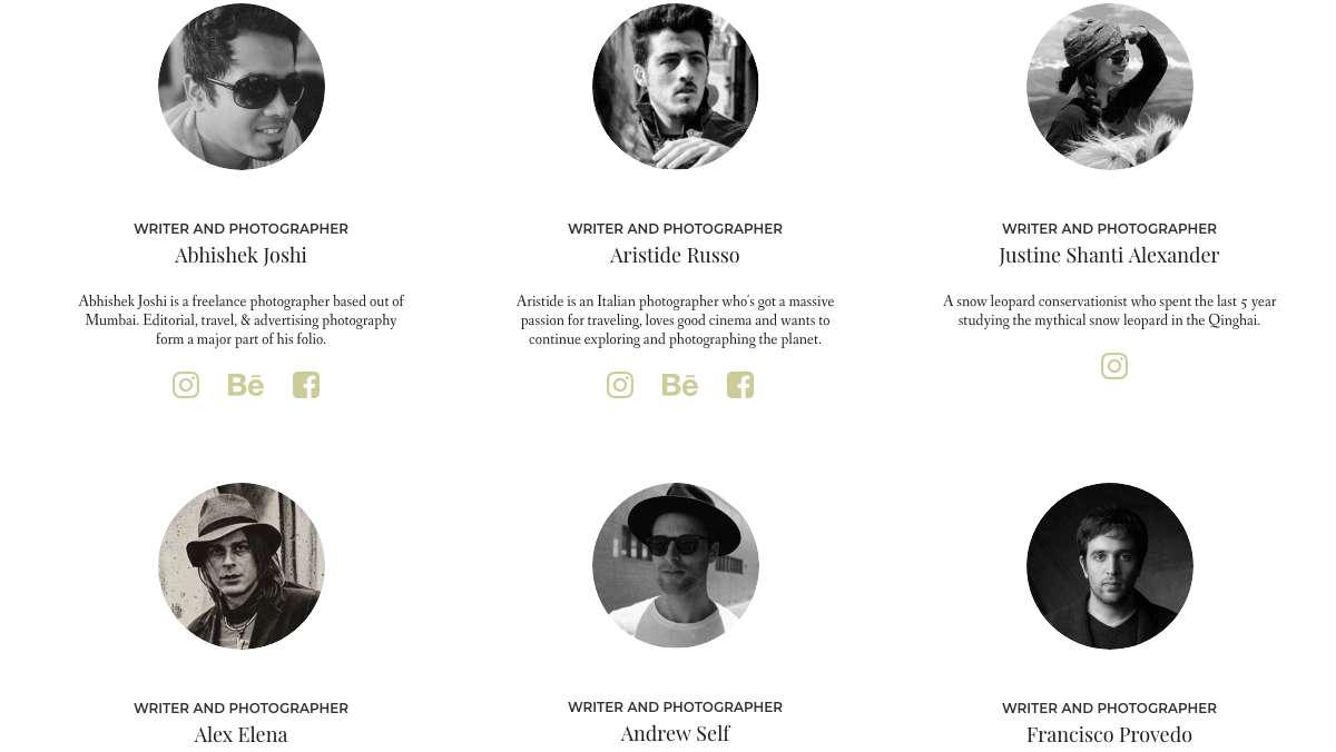 A contributors page featuring images of each contributor with a short bio and their social links.
